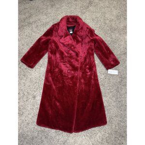 NWT VTG Red Faux Fur Long Line Full Length Duster Coat Mob Wife Glam Hollywood S